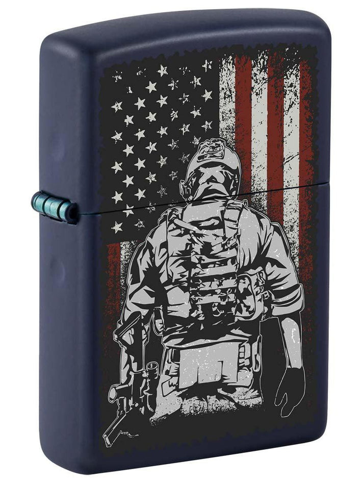 Zippo Lighter: Soldier and American Flag - Navy Blue Matte 81297
