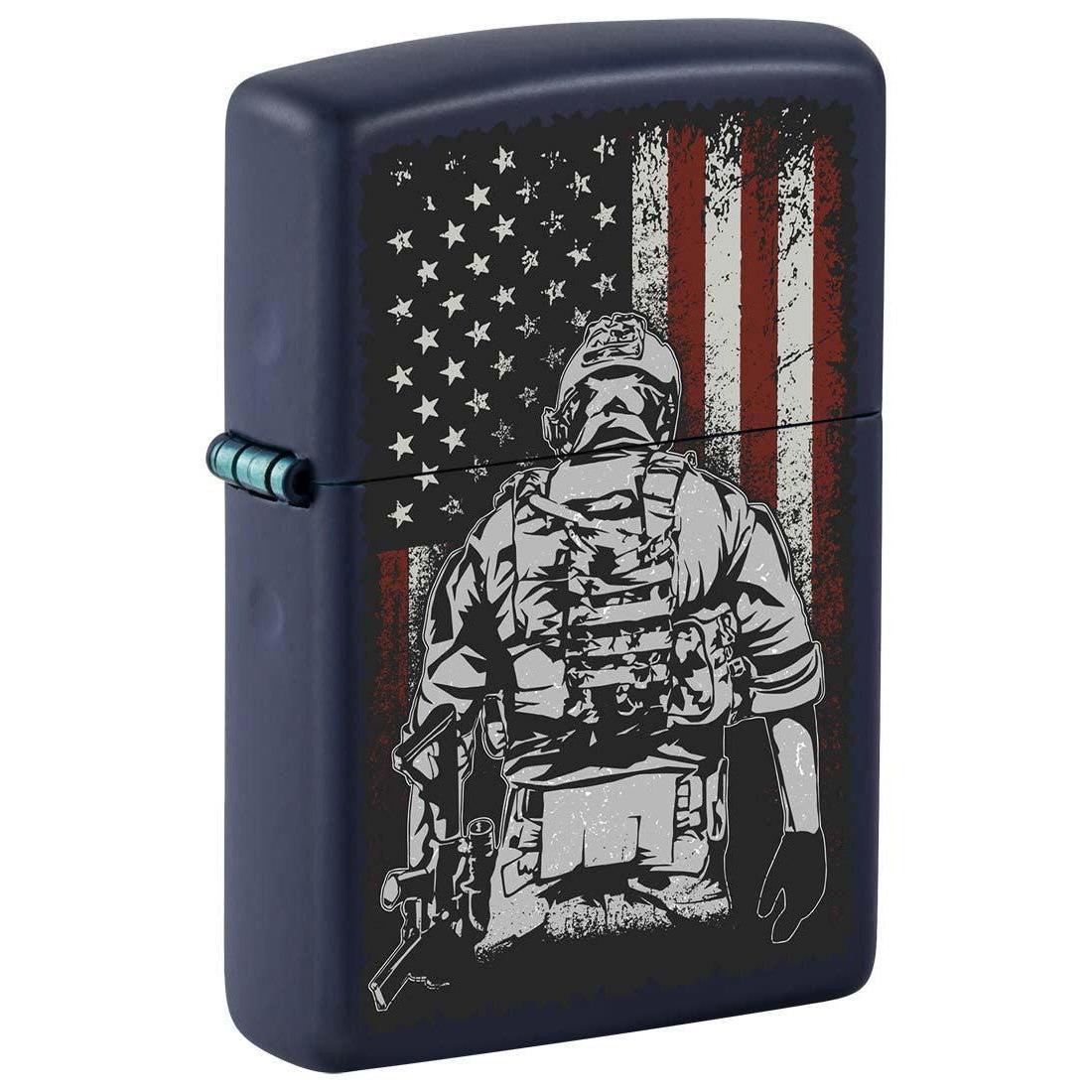 Zippo Lighter: Soldier and American Flag - Navy Blue Matte 81297