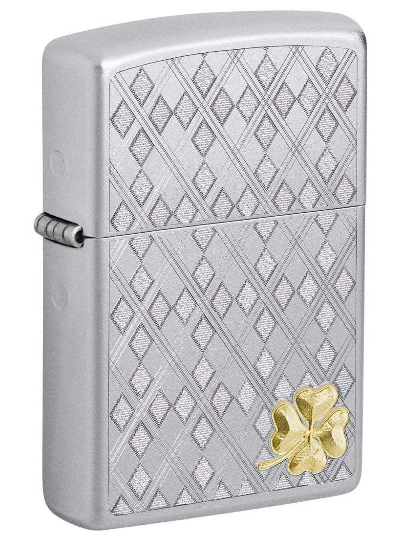 Zippo Lighter: Clover with Argyle Design, Engraved - Satin Chrome 81328