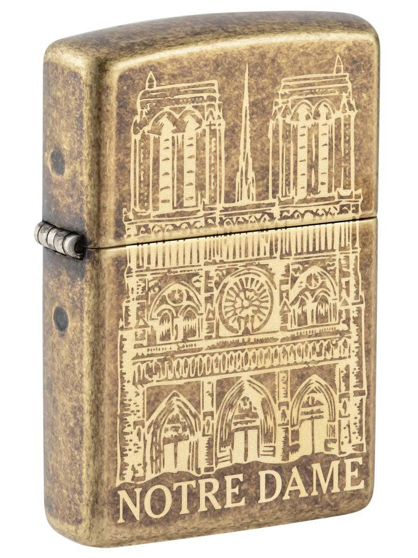 Zippo Lighter: Notre Dame Cathedral, Engraved - Antique Brass 81356