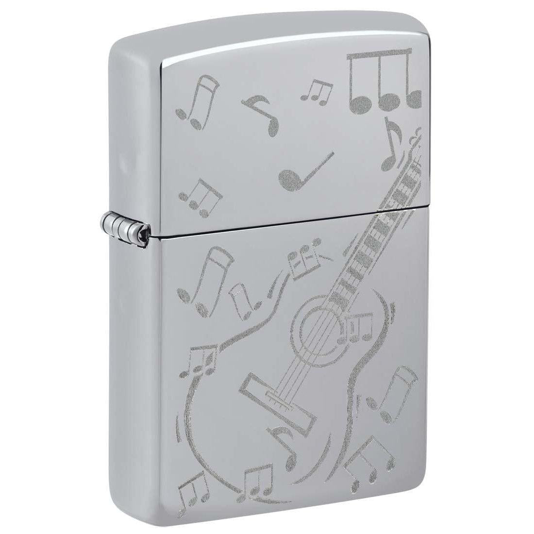 Zippo Lighter: Guitar and Music Notes, Engraved - High Polish Chrome 81379