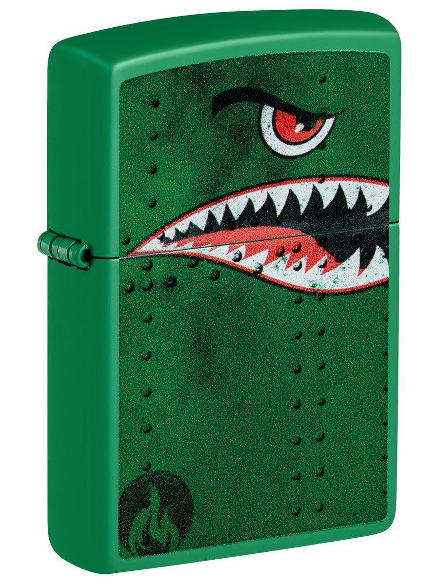 Zippo Lighter: Fighter Plane Nose Art, Shark Teeth - Golf Green Matte 81483
