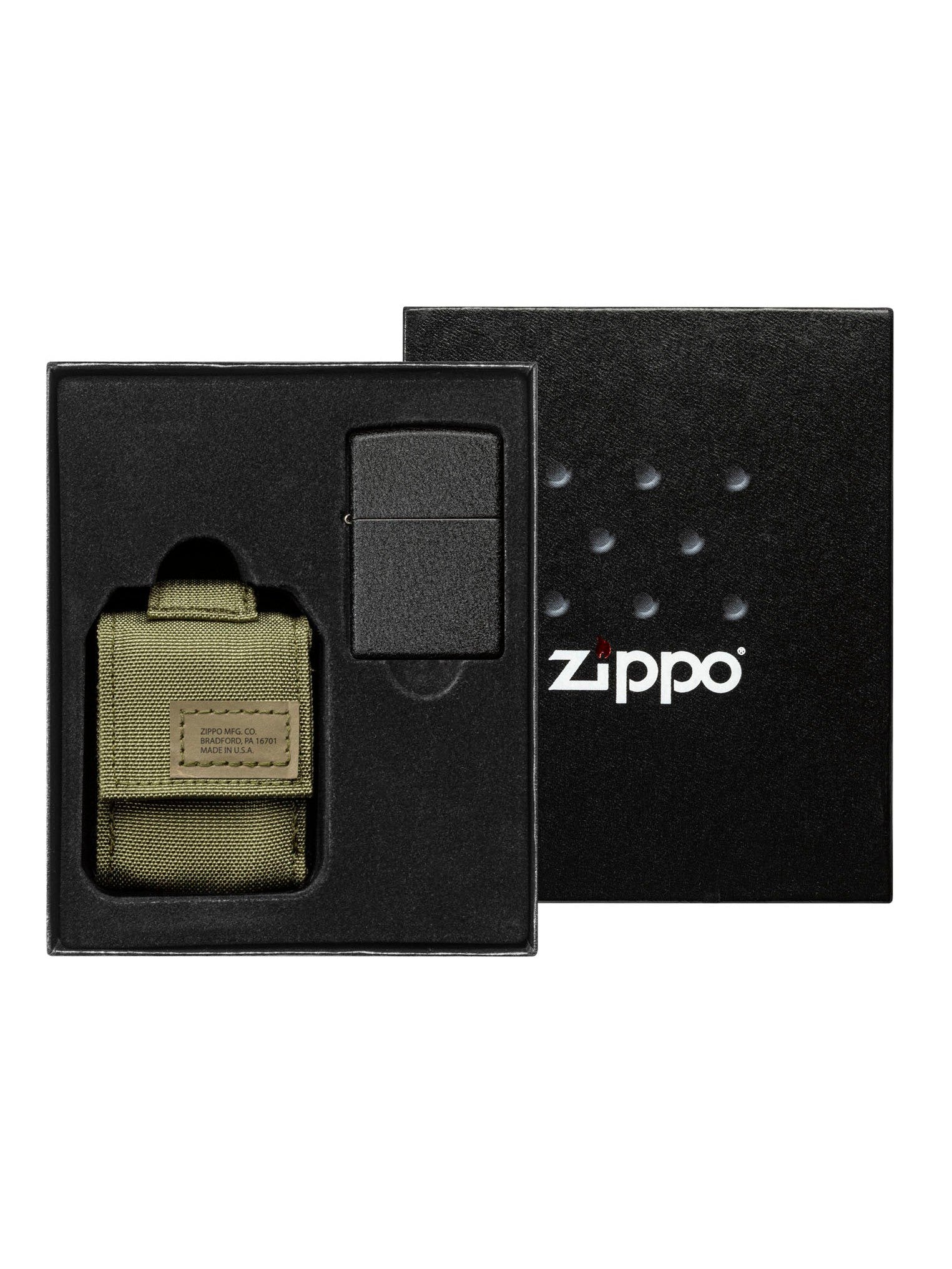 Zippo Black Crackle Lighter and Green MOLLE Pouch - 49400