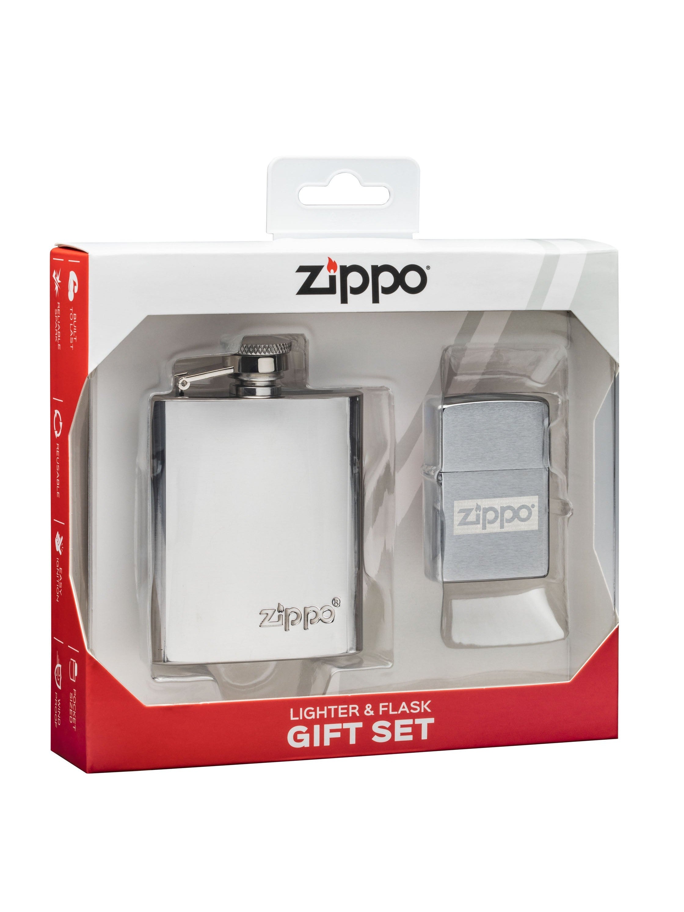 Zippo Brushed Chrome Lighter and Flask Set - 49358