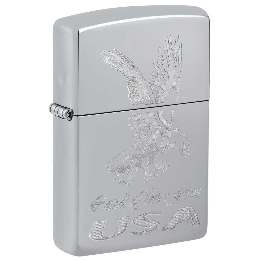 Zippo Lighter: American Eagle, Land of the Free USA, Engraved - High Polish Chrome 81397