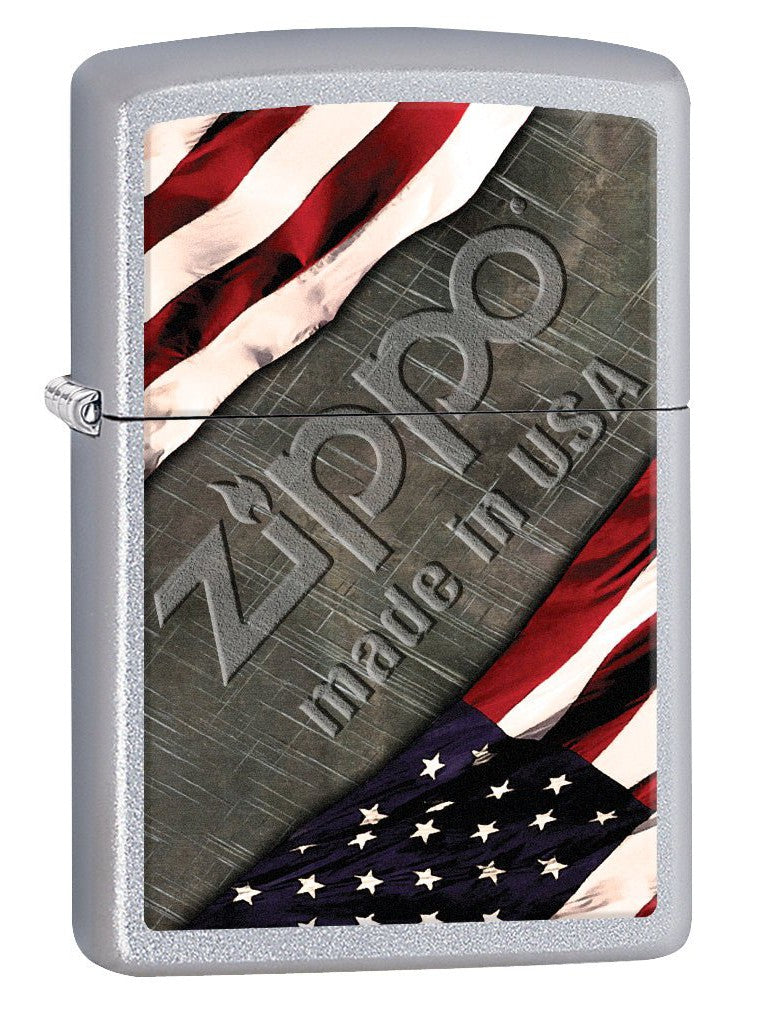 Zippo Lighter: American Flag and Metal - Satin Chrome 77001