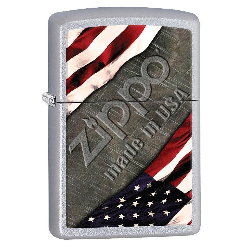 Zippo Lighter: American Flag and Metal - Satin Chrome 77001