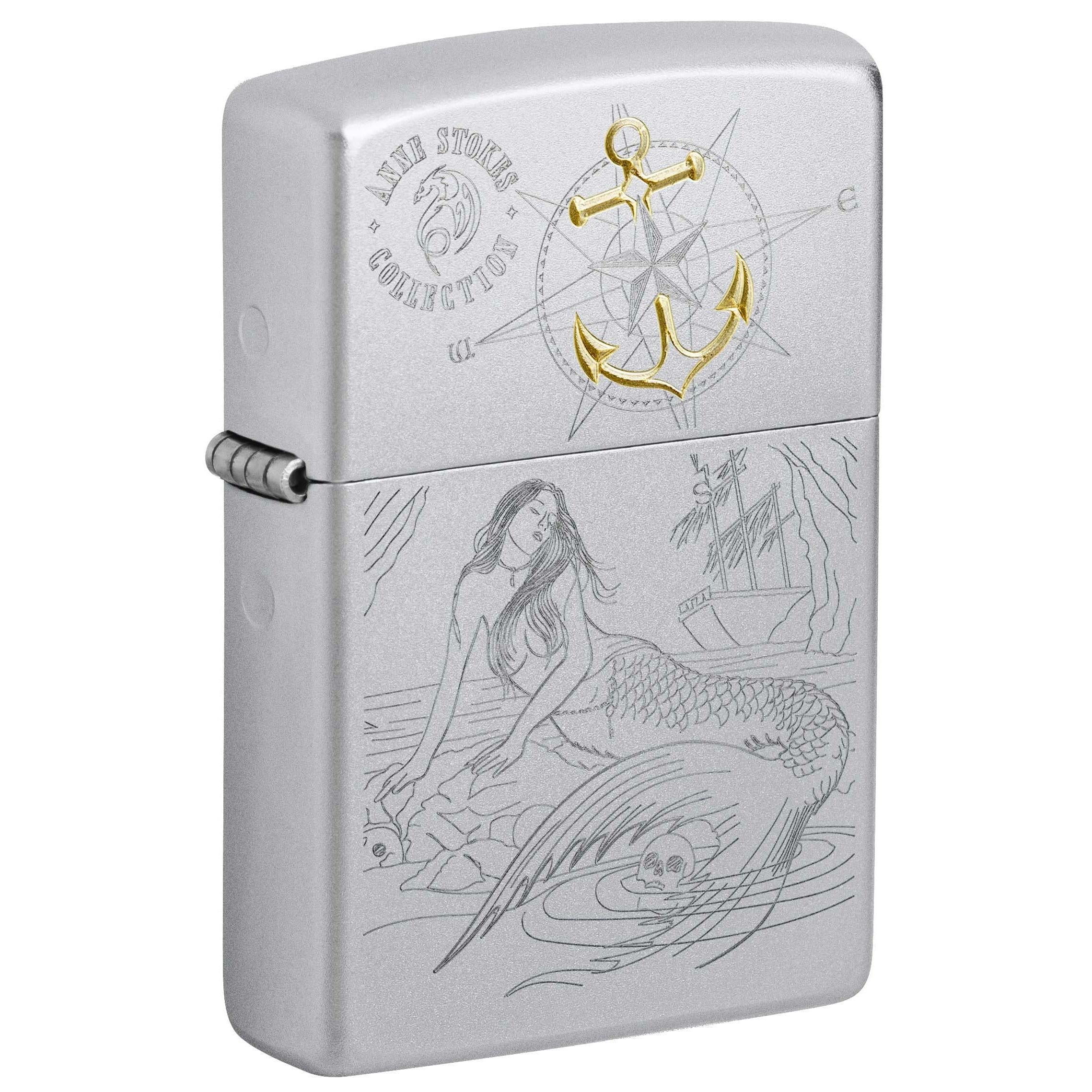 Zippo Lighter: Anne Stokes Collection, Engraved Mermaid and Ship - Satin Chrome 81011