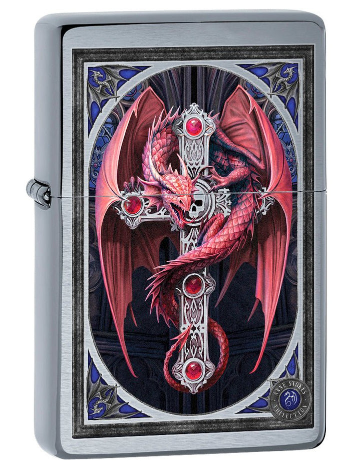 Zippo Lighter: Anne Stokes Dragon and Cross - Brushed Chrome 78393