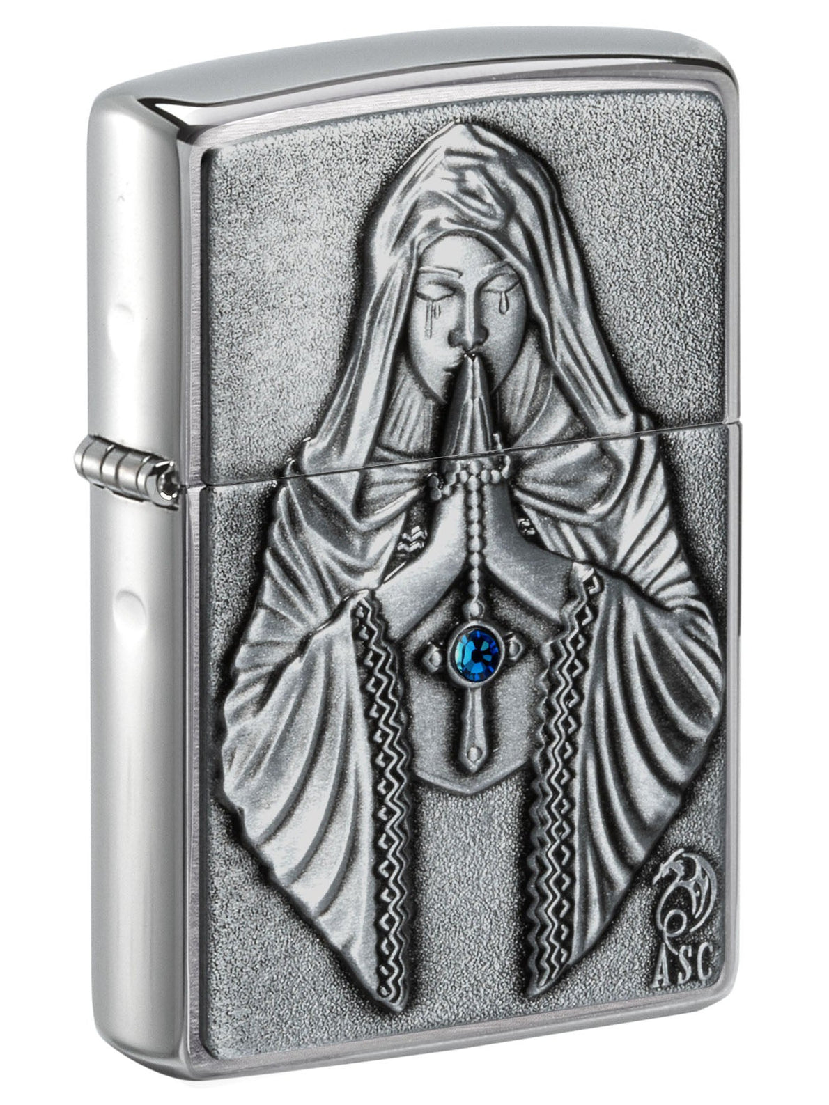 Zippo Lighter: Anne Stokes, Praying Woman Emblem - Brushed Chrome 49756