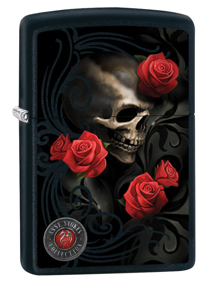 Zippo Lighter: Anne Stokes Skull and Roses - Black Matte 80010