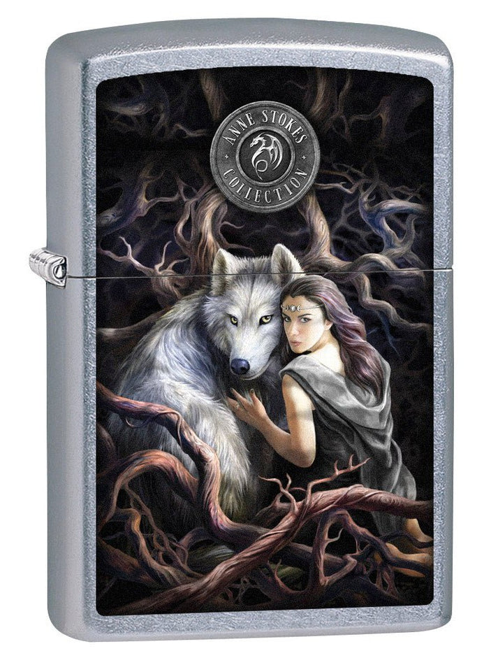 Zippo Lighter: Anne Stokes Soul Bond, Woman With Wolf - Street Chrome 79266