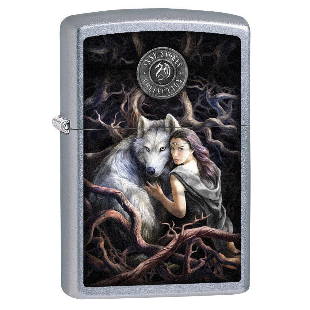 Zippo Lighter: Anne Stokes Soul Bond, Woman With Wolf - Street Chrome 79266