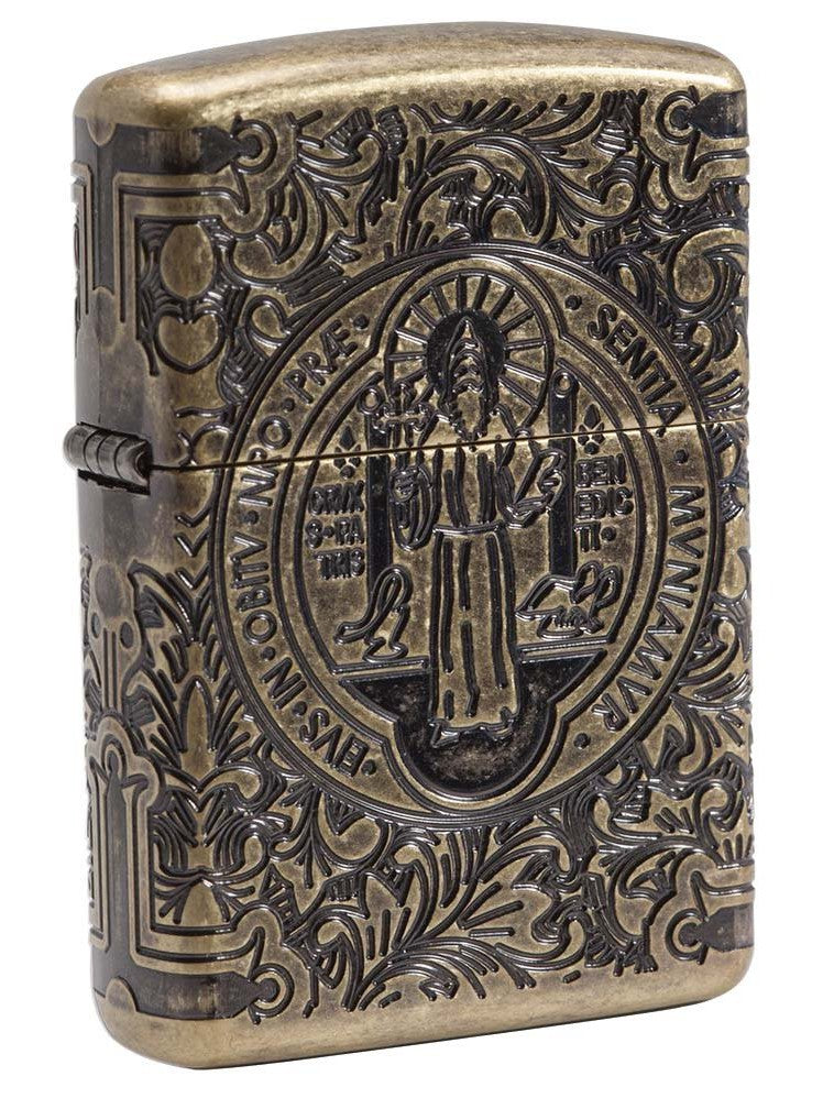 Zippo Lighter: Armor Multicut St. Benedict Medal - Antique Brass 29719