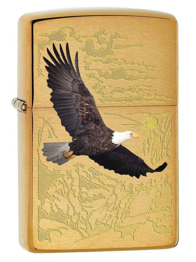 Zippo Lighter: Bald Eagle with Engraved Background - Brushed Brass 79470