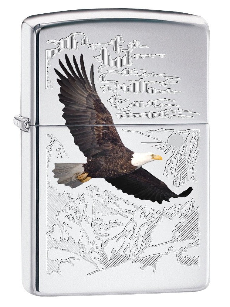 Zippo Lighter: Bald Eagle with Engraved Background - High Polish Chrome 78516