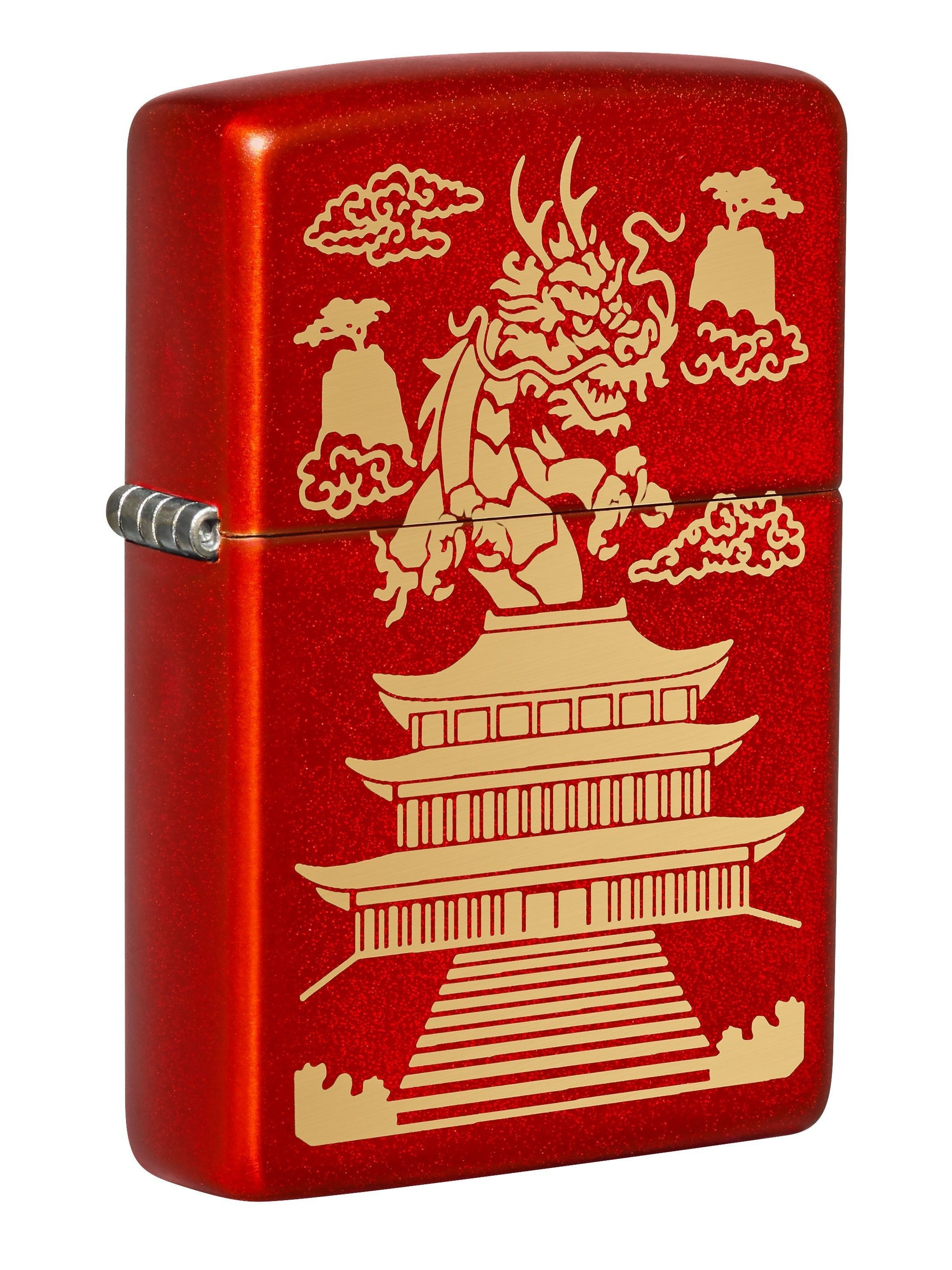 Zippo Lighter: Chinese Dragon and Temple, Engraved - Metallic Red 49517