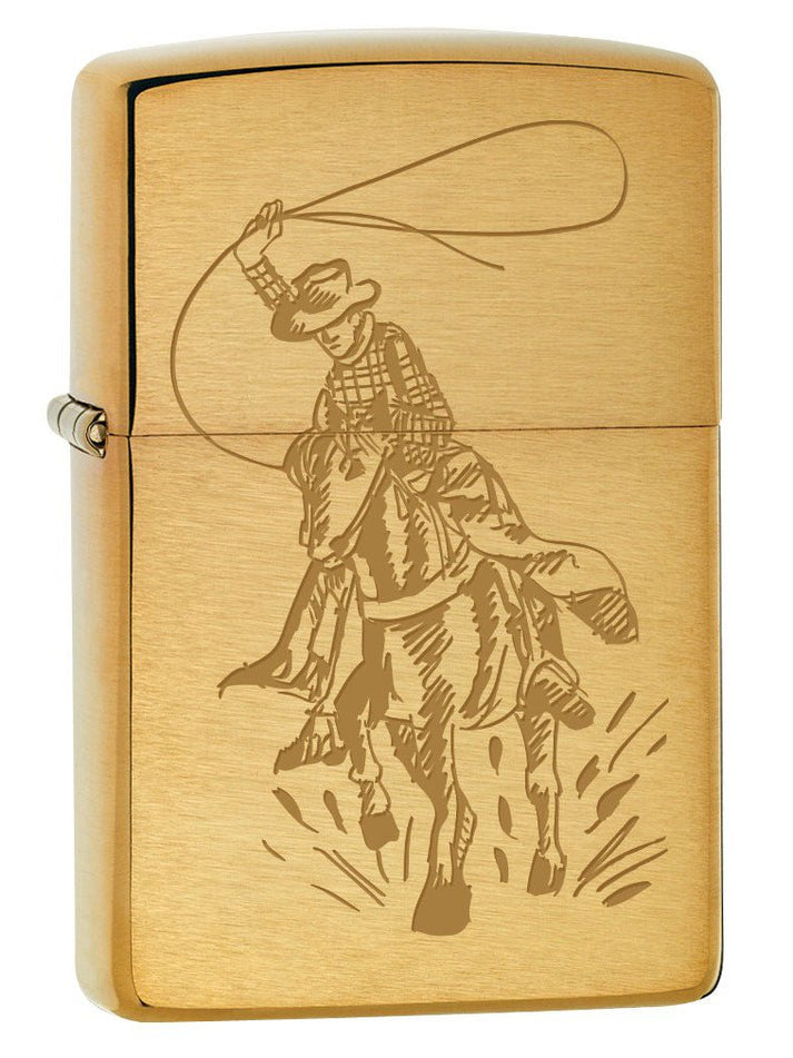 Zippo Lighter: Cowboy with Lasso on Horse - Brushed Brass 80238
