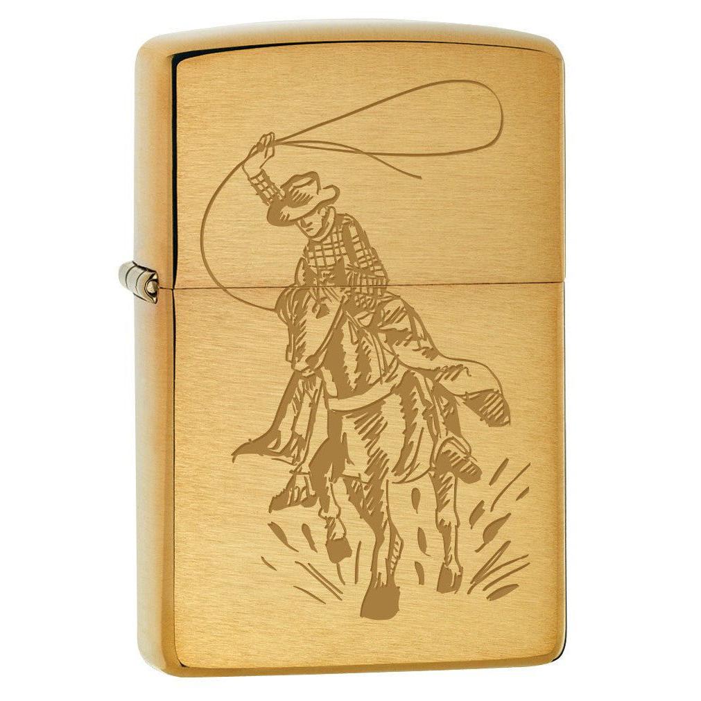 Zippo Lighter: Cowboy with Lasso on Horse - Brushed Brass 80238