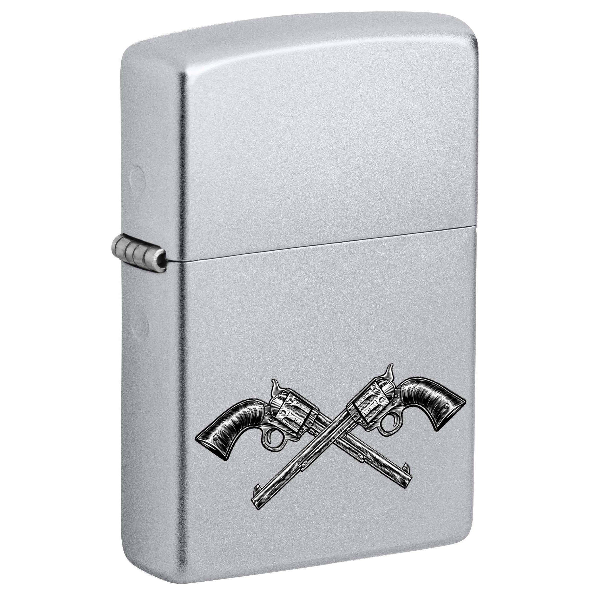 Zippo Lighter: Crossed Revolver Guns - Satin Chrome 81133