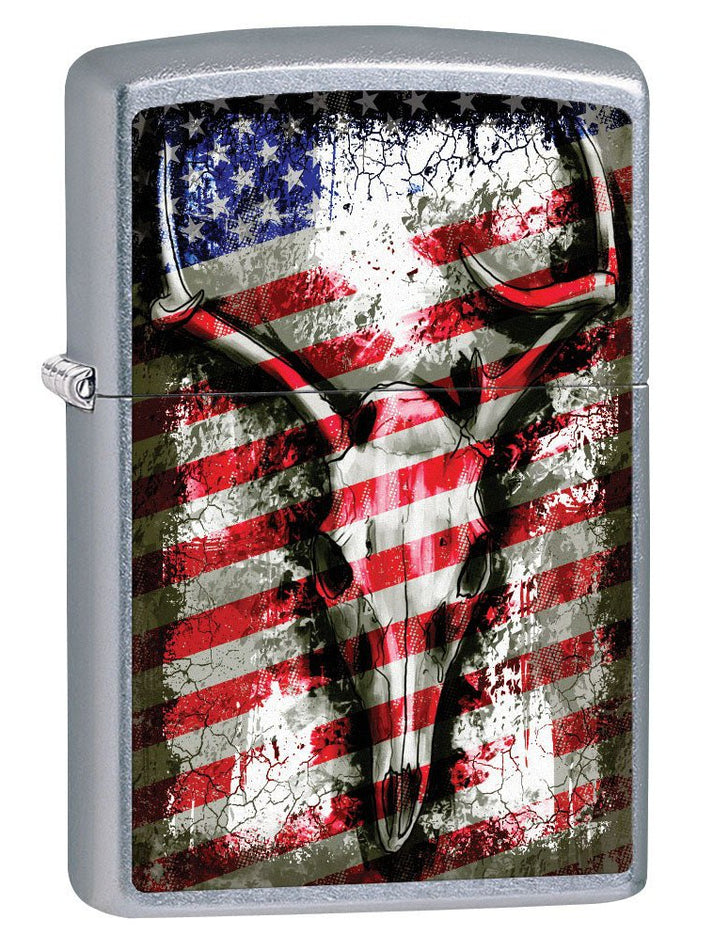 Zippo Lighter: Deer Skull and American Flag - Street Chrome 79572