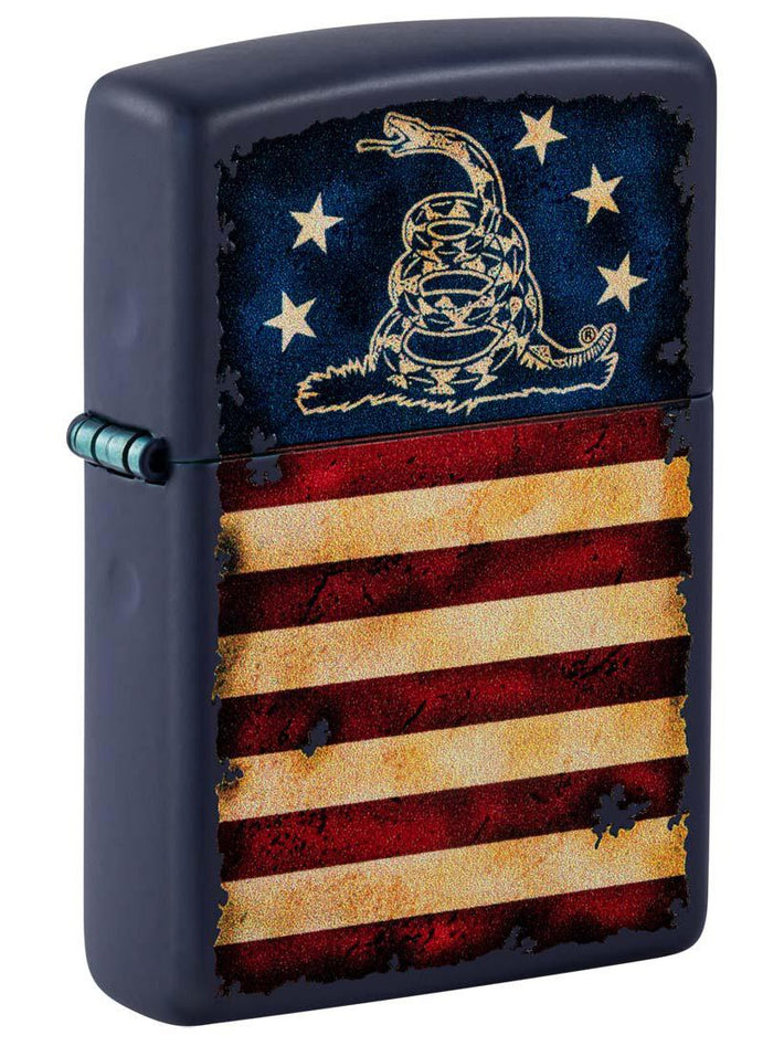 Zippo Lighter: Don't Tread on Me Flag - Navy Blue Matte 48554