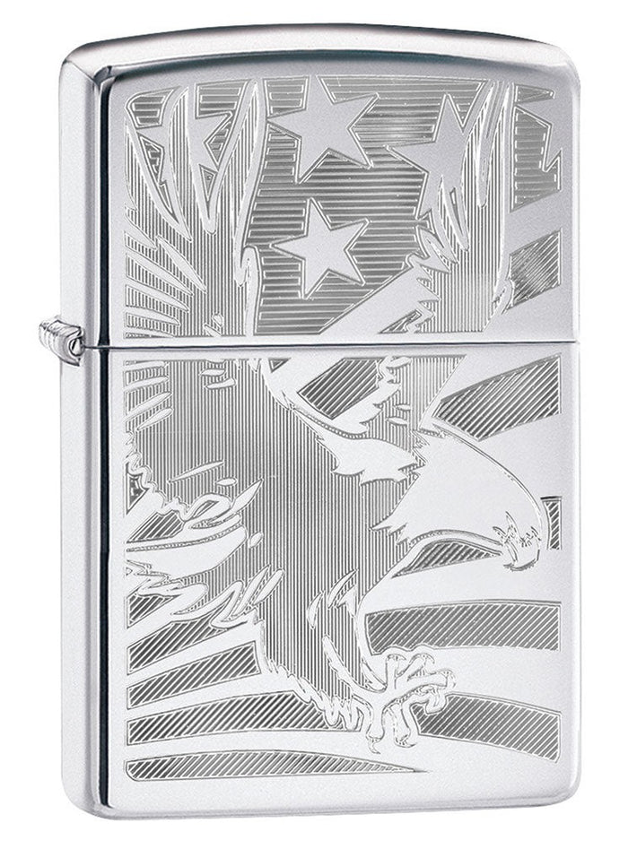 Zippo Lighter: Eagle and American Flag, Engraved - High Polish Chrome 80745