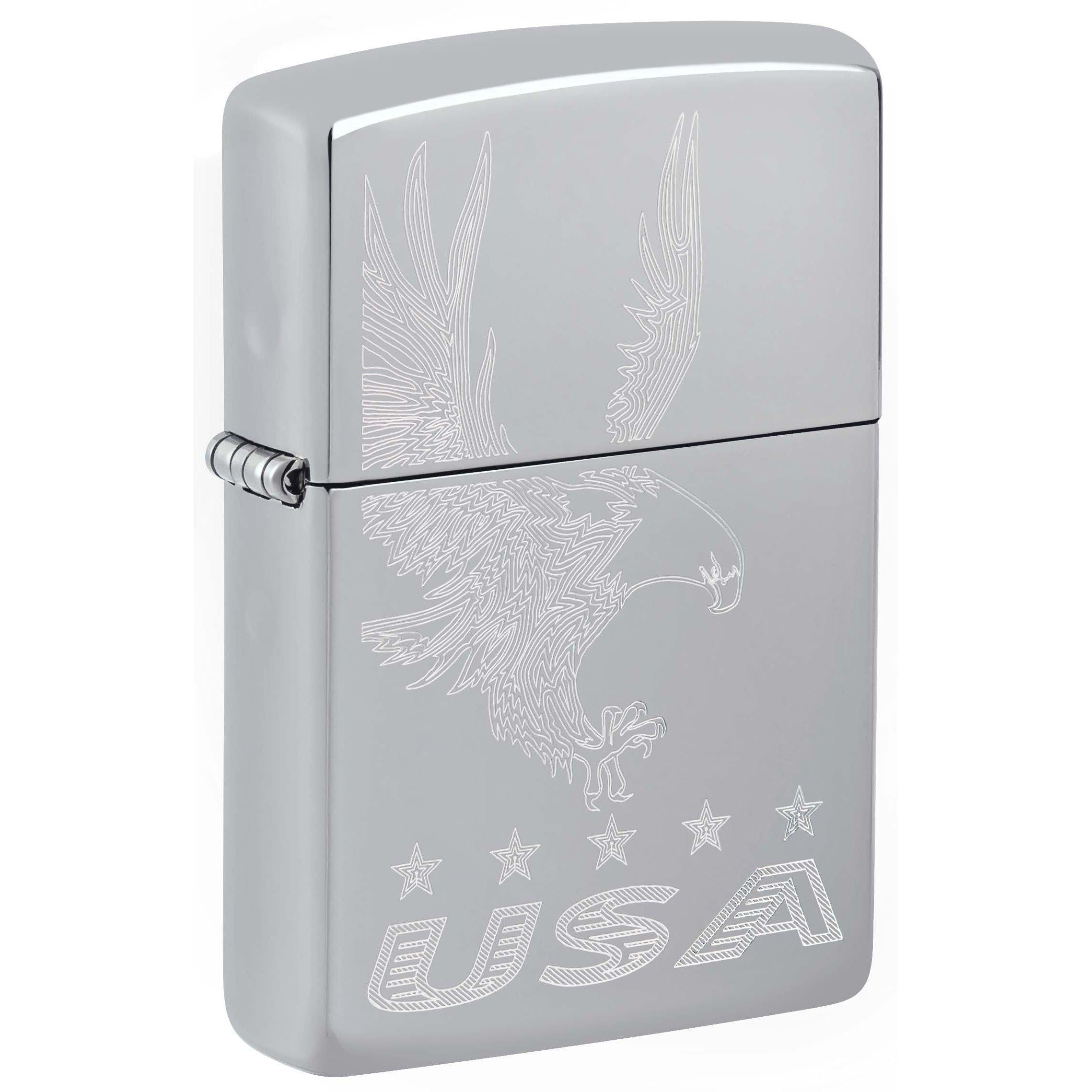 Zippo Lighter: Engraved Eagle and USA - High Polish Chrome 81159