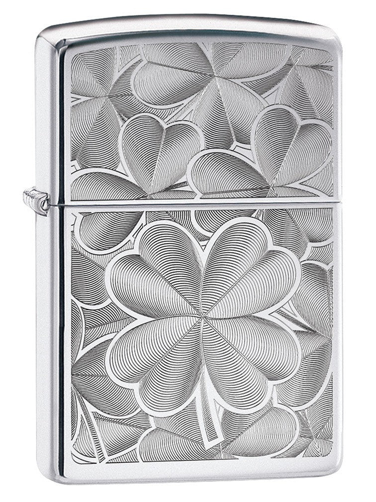 Zippo Lighter: Engraved Four Leaf Clovers - High Polish Chrome 80854