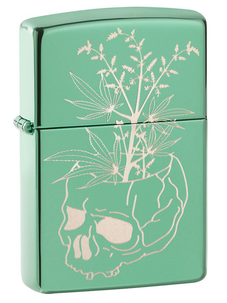 Zippo Lighter: Engraved Skull and Weed Leaves - High Polish Green 49142