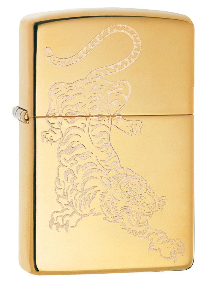 Zippo Lighter: Engraved Tiger - High Polish Brass 29884