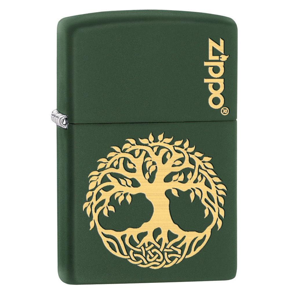 Zippo Lighter: Engraved Tree of Life - Green Matte 79509