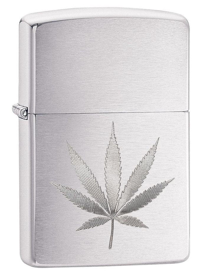 Zippo Lighter: Engraved Weed Leaf - Brushed Chrome 29587