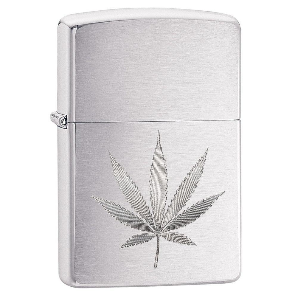 Zippo Lighter: Engraved Weed Leaf - Brushed Chrome 29587