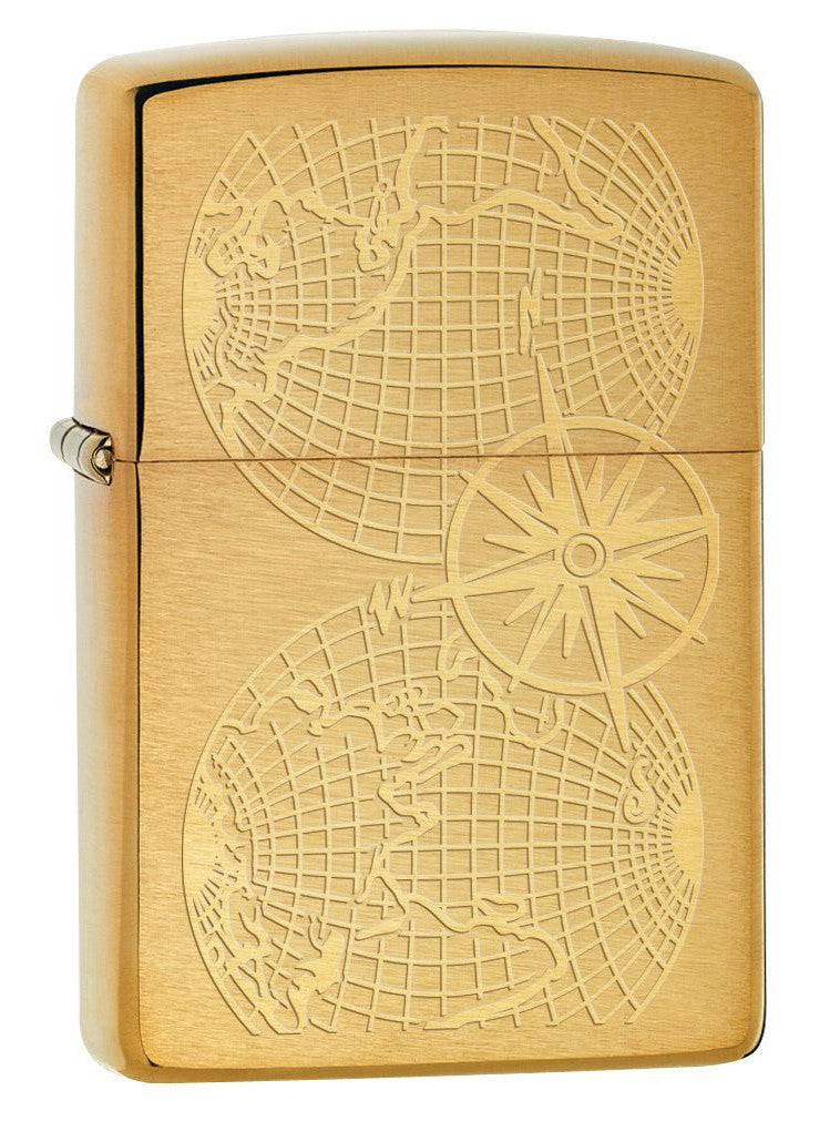 Zippo Lighter: Engraved World Map - Brushed Brass 78072