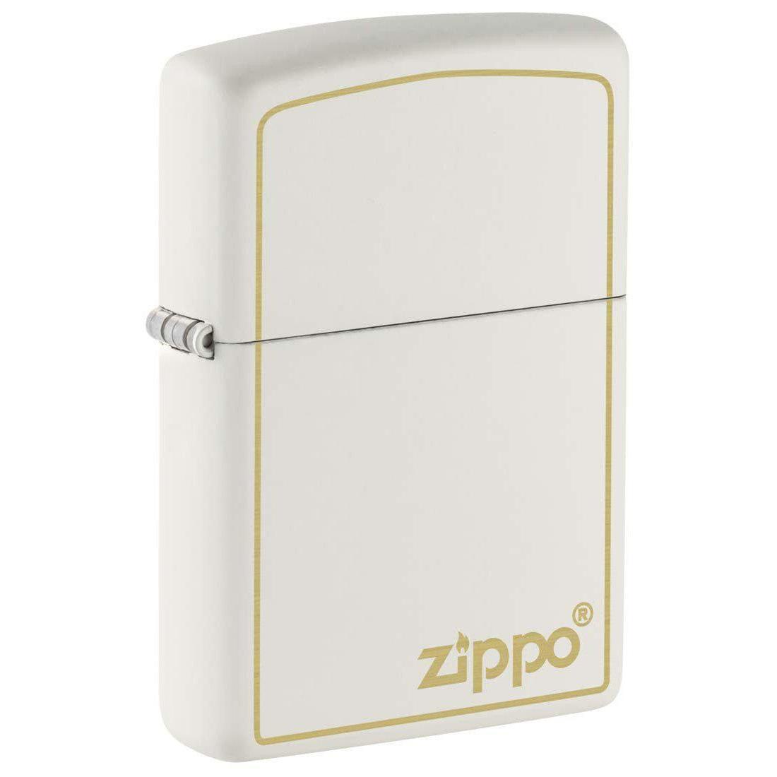 Zippo Lighter: Engraved Zippo Logo with Border - White Matte 81430