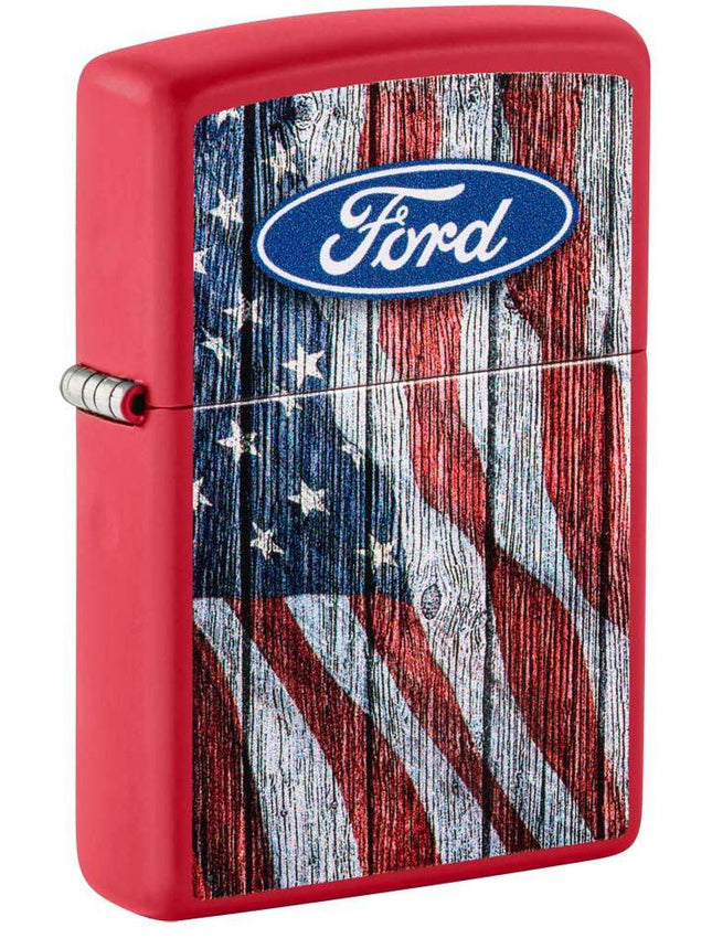 Zippo Lighter: Ford Logo on American Flag - Red Matte 81215