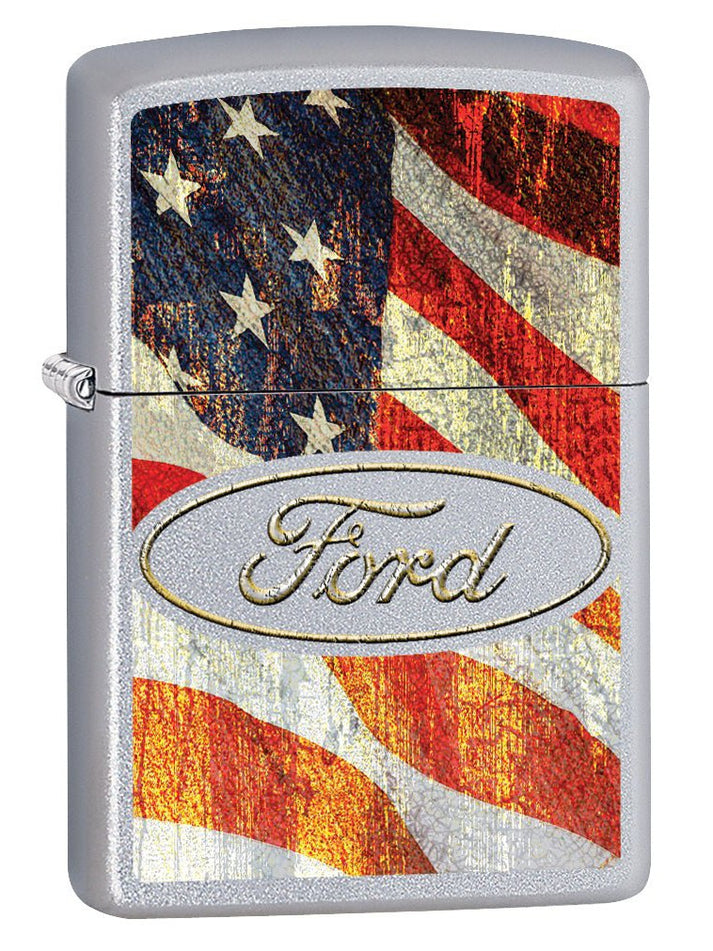 Zippo Lighter: Ford Logo on American Flag - Satin Chrome 77166