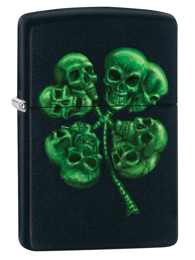 Zippo Lighter: Four Leaf Clover Skulls - Black Matte 79164