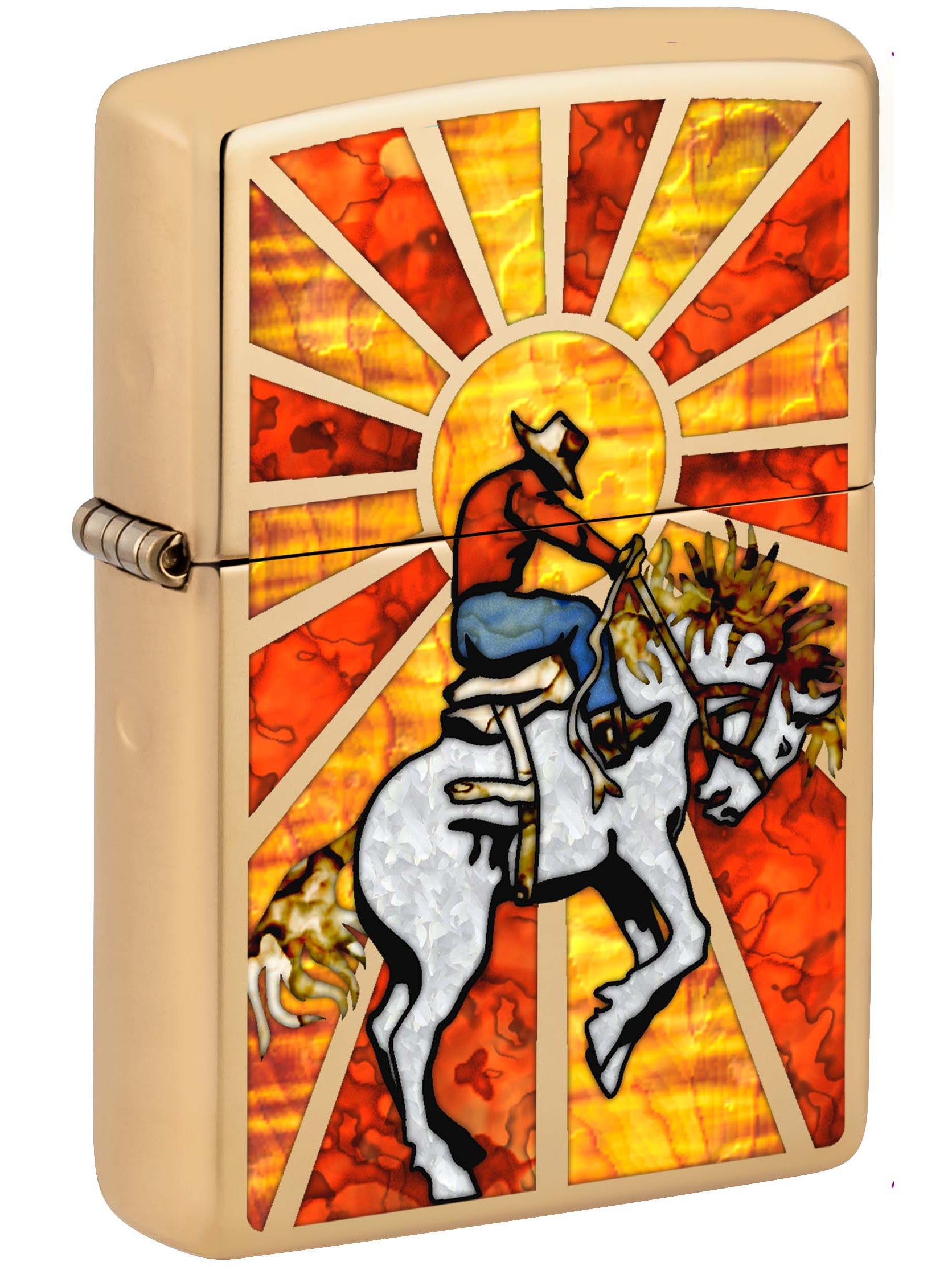 Zippo Lighter: Fusion Bucking Bronco and Cowboy - High Polish Brass 81142