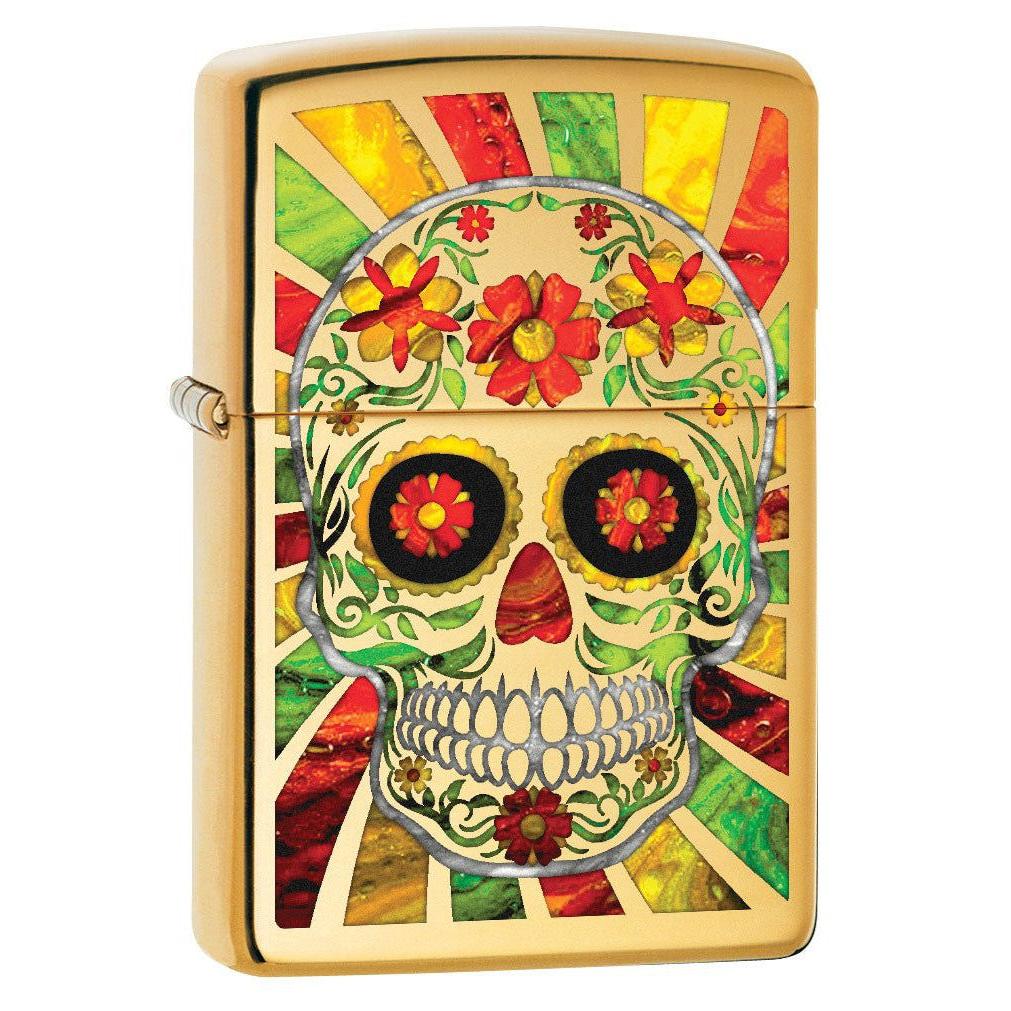 Zippo Lighter: Fusion Day of the Dead Skull - High Polish Brass 80619