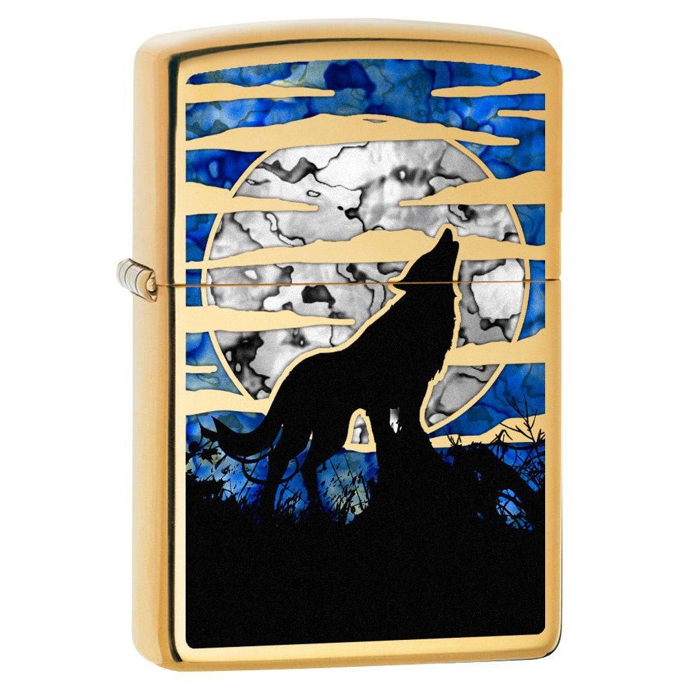 Zippo Lighter: Fusion Wolf Howling at the Moon - High Polish Brass 78375