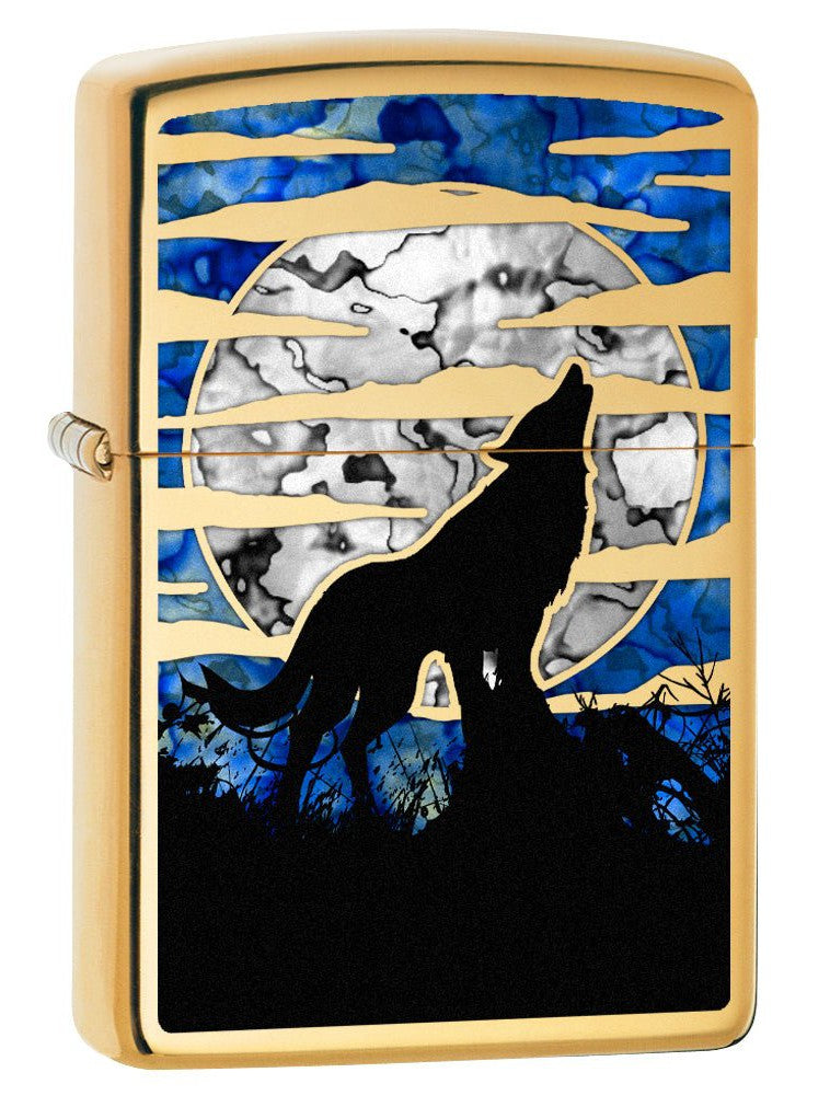 Zippo Lighter: Fusion Wolf Howling at the Moon - High Polish Brass 78375