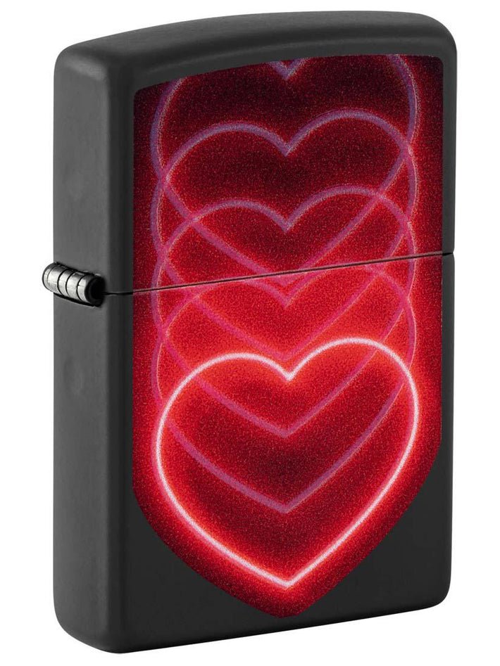 Zippo Lighter: Glowing Hearts Design - Black Matte 48593