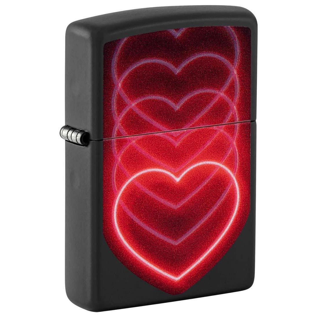 Zippo Lighter: Glowing Hearts Design - Black Matte 48593