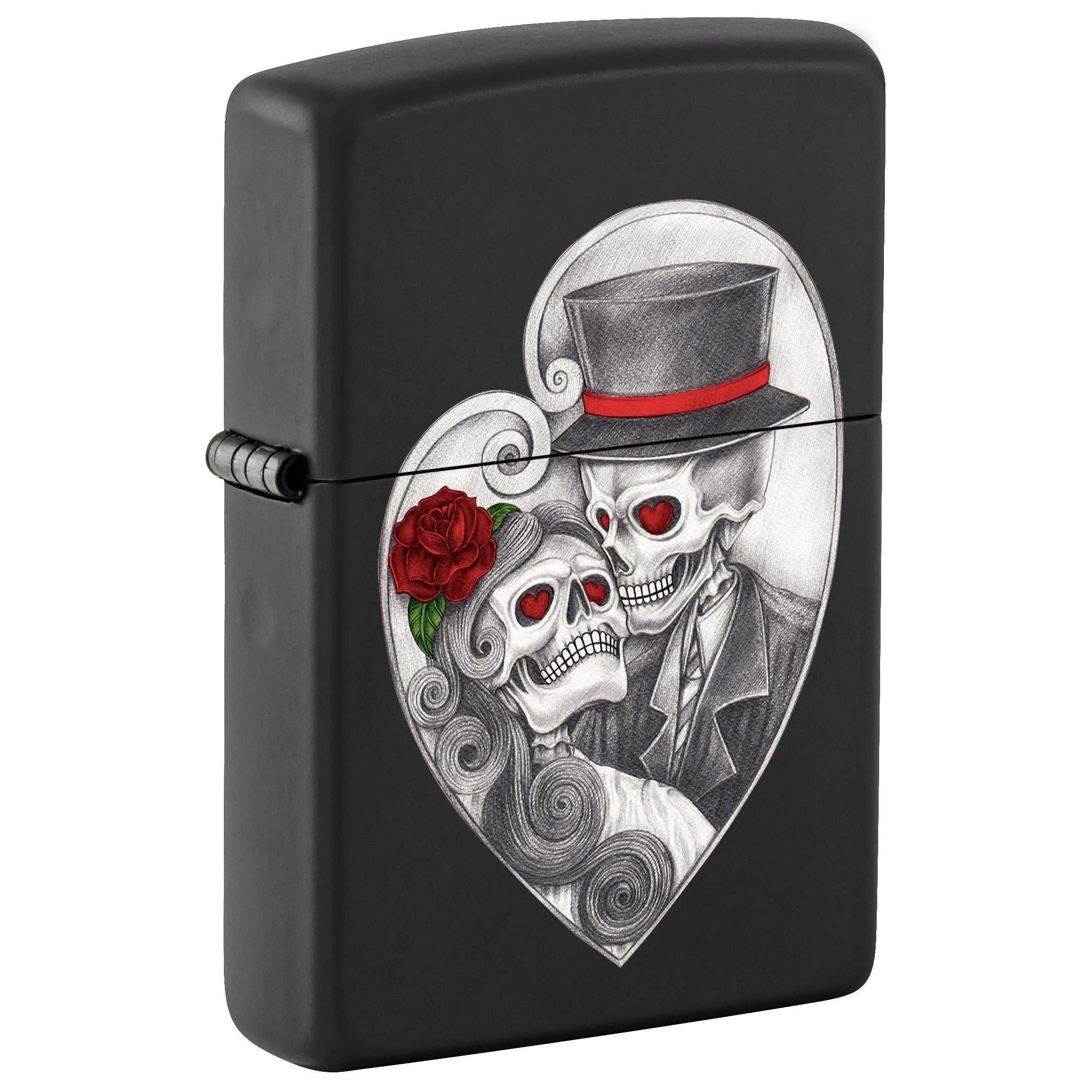 Zippo Lighter: Gothic Skull Couple Design - Black Matte 81119