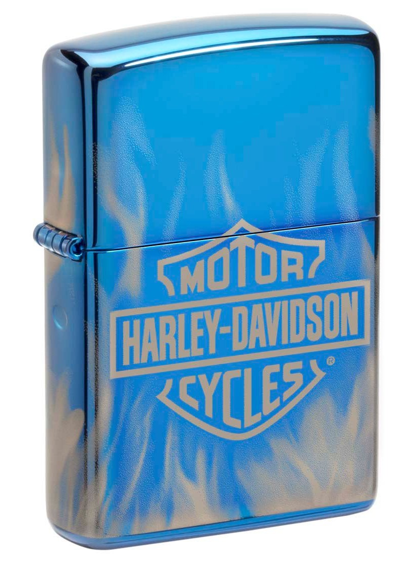 Zippo Lighter: Harley-Davidson Logo with Flames, Photo Image 360 - High Polish Blue 49469