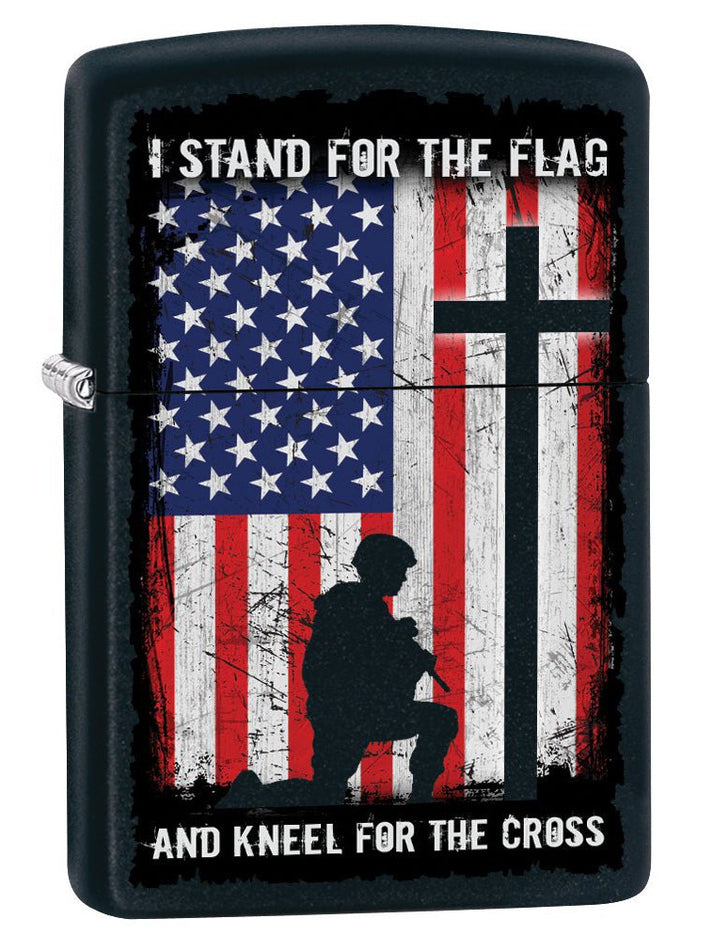 Zippo Lighter: I Stand For the Flag and Kneel For the Cross - Black Matte 79815