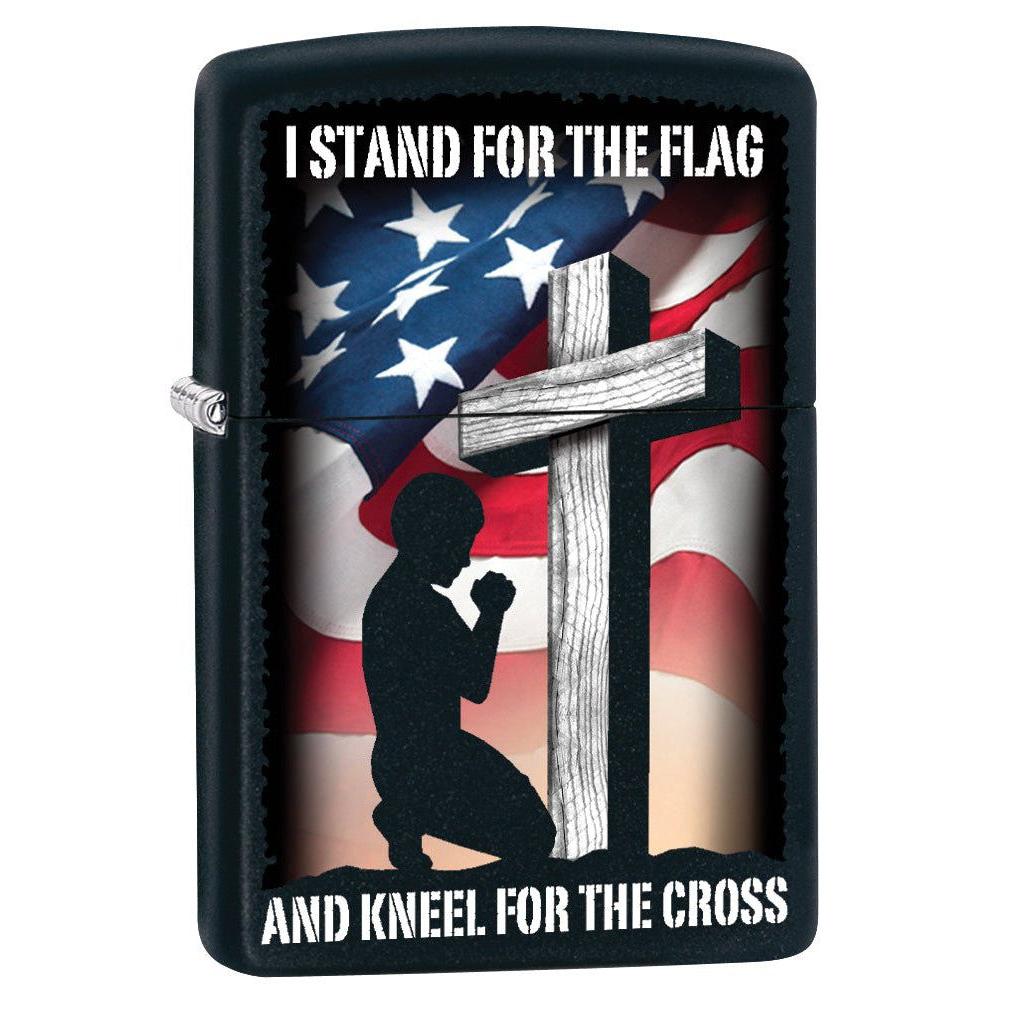 Zippo Lighter: I Stand For the Flag and Kneel For the Cross - Black Matte 79818