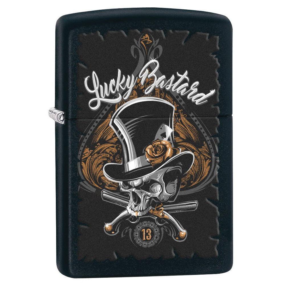 Zippo Lighter: Lucky Bastard Skull - Black Matte 80196